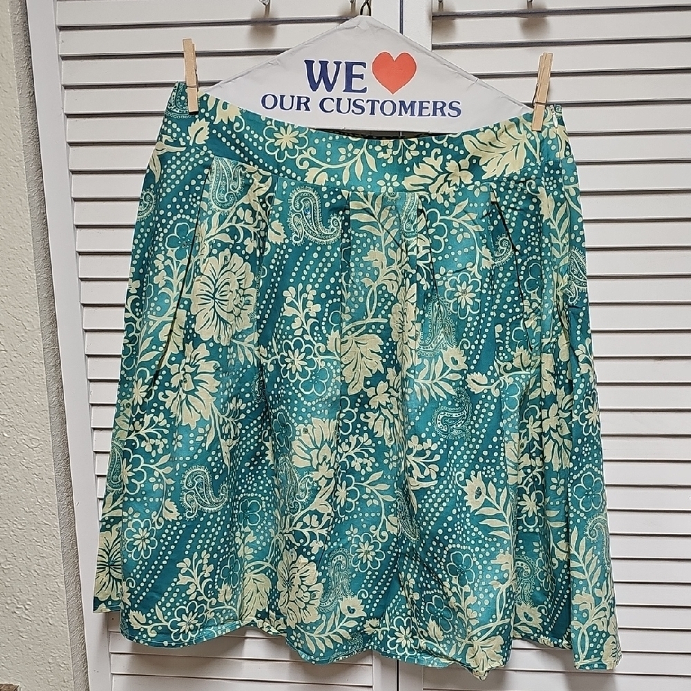 NWOT Refuge Teal and Cream Floral Cotton Full Midi Skirt With Sequins Sz 11 Zip